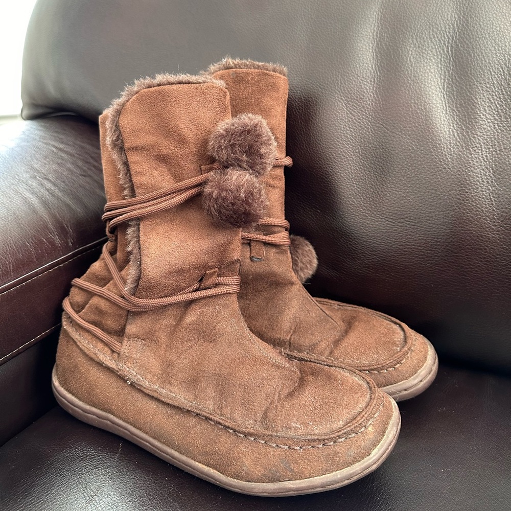 Flair Brown Fury Boots with Pom Pom Tie